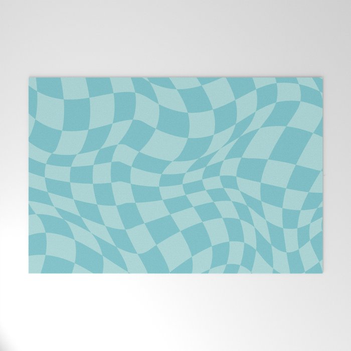 Warped Checkered Pattern in Aqua Blue, Wavy Checkerboard Welcome Mat Gallery Image 1