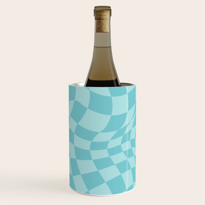 Warped Checkered Pattern in Aqua Blue, Wavy Checkerboard Wine Chiller Gallery Image 1