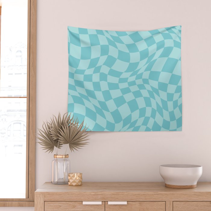 Warped Checkered Pattern in Aqua Blue, Wavy Checkerboard Wall Tapestry Gallery Image 2
