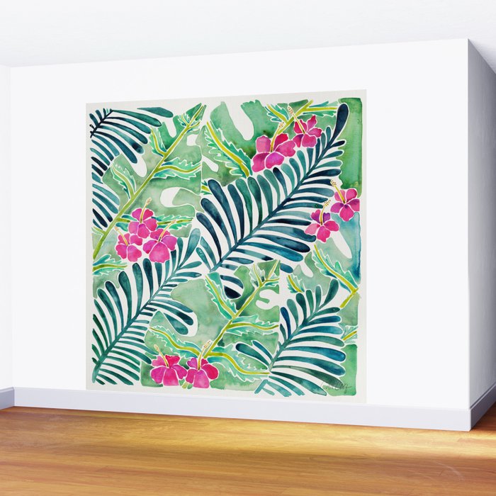 Lush Tropical Fronds & Hibiscus Wall Mural Gallery Image 2