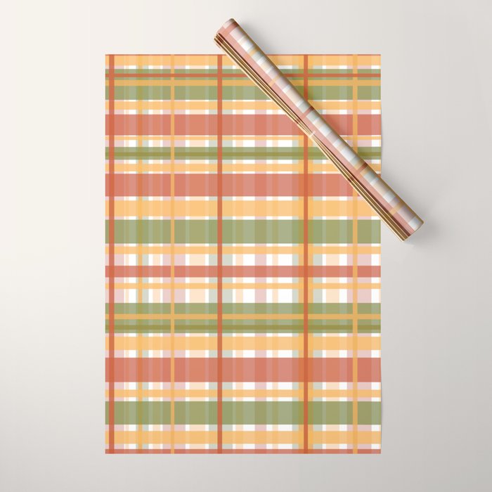 Retro Plaid - Mid Century Modern 50s 60s 70s Pattern in Green, Orange, Yellow, and White Wrapping Paper Gallery Image 1