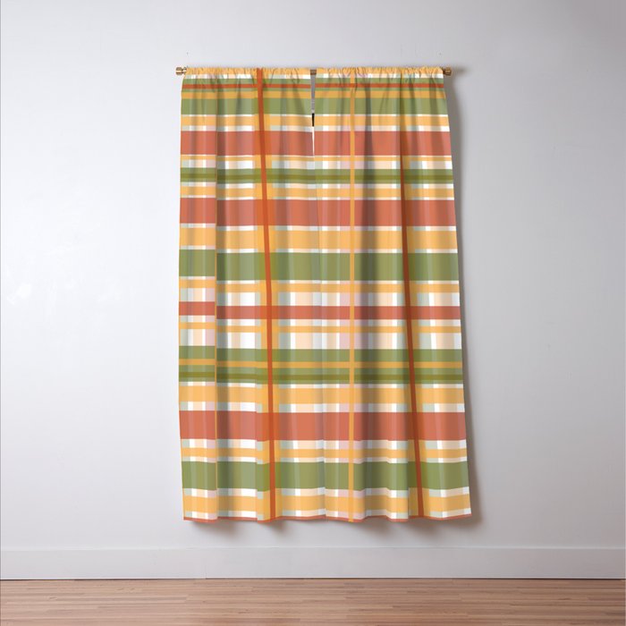 Retro Plaid - Mid Century Modern 50s 60s 70s Pattern in Green, Orange, Yellow, and White Window Curtain Gallery Image 3