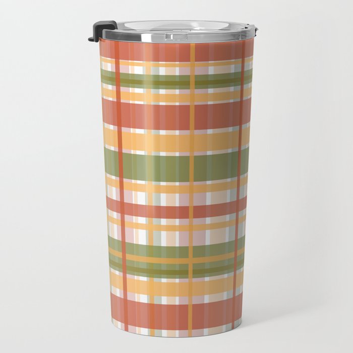 Retro Plaid - Mid Century Modern 50s 60s 70s Pattern in Green, Orange, Yellow, and White Travel Mug Gallery Image 3