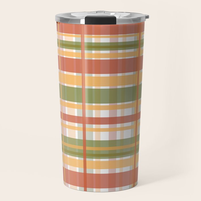 Retro Plaid - Mid Century Modern 50s 60s 70s Pattern in Green, Orange, Yellow, and White Travel Mug Gallery Image 1