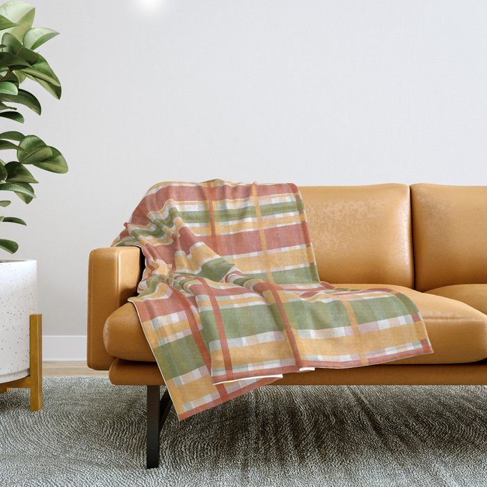 Retro Plaid - Mid Century Modern 50s 60s 70s Pattern in Green, Orange, Yellow, and White Throw Blanket Gallery Image 1