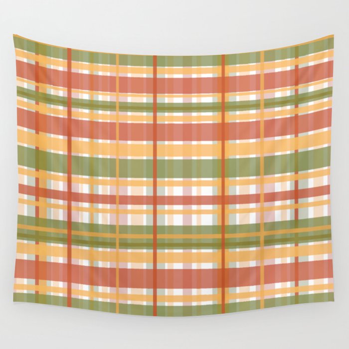 Retro Plaid - Mid Century Modern 50s 60s 70s Pattern in Green, Orange, Yellow, and White Wall Tapestry Gallery Image 4