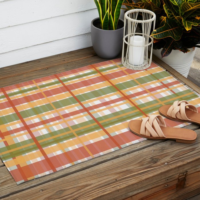 Retro Plaid - Mid Century Modern 50s 60s 70s Pattern in Green, Orange, Yellow, and White Outdoor Rug Gallery Image 2