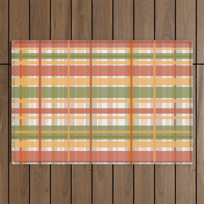 Retro Plaid - Mid Century Modern 50s 60s 70s Pattern in Green, Orange, Yellow, and White Outdoor Rug Gallery Image 1