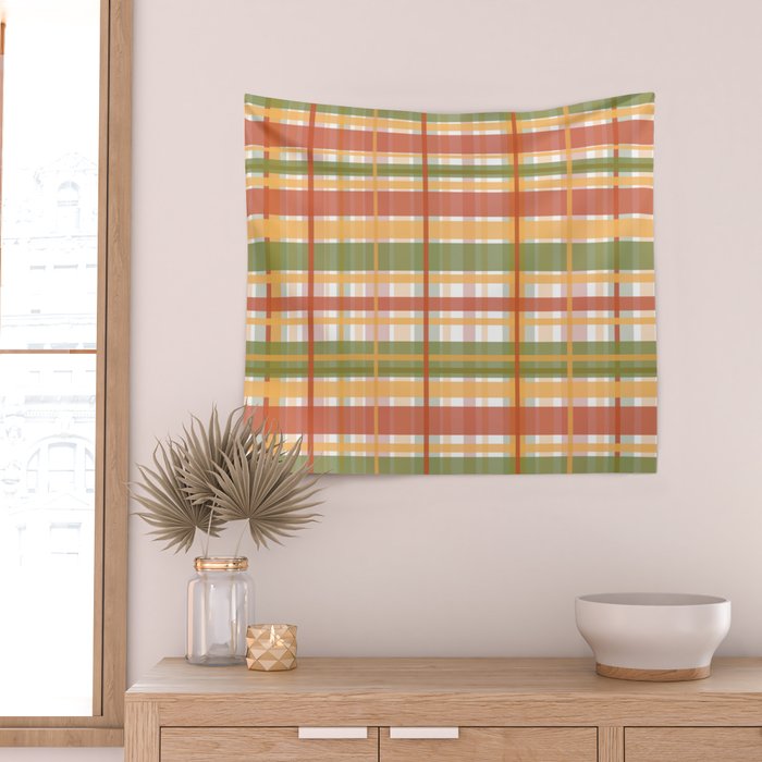 Retro Plaid - Mid Century Modern 50s 60s 70s Pattern in Green, Orange, Yellow, and White Wall Tapestry Gallery Image 2