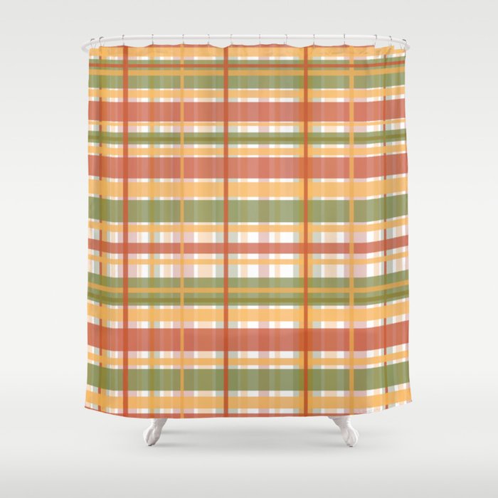 Retro Plaid - Mid Century Modern 50s 60s 70s Pattern in Green, Orange, Yellow, and White Shower Curtain Gallery Image 1