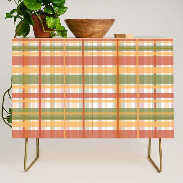 Retro Plaid - Mid Century Modern 50s 60s 70s Pattern in Green, Orange, Yellow, and White Credenza Gallery Image 1