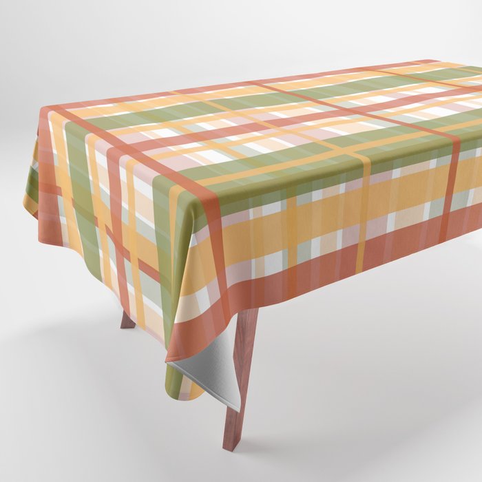 Retro Plaid - Mid Century Modern 50s 60s 70s Pattern in Green, Orange, Yellow, and White Tablecloth