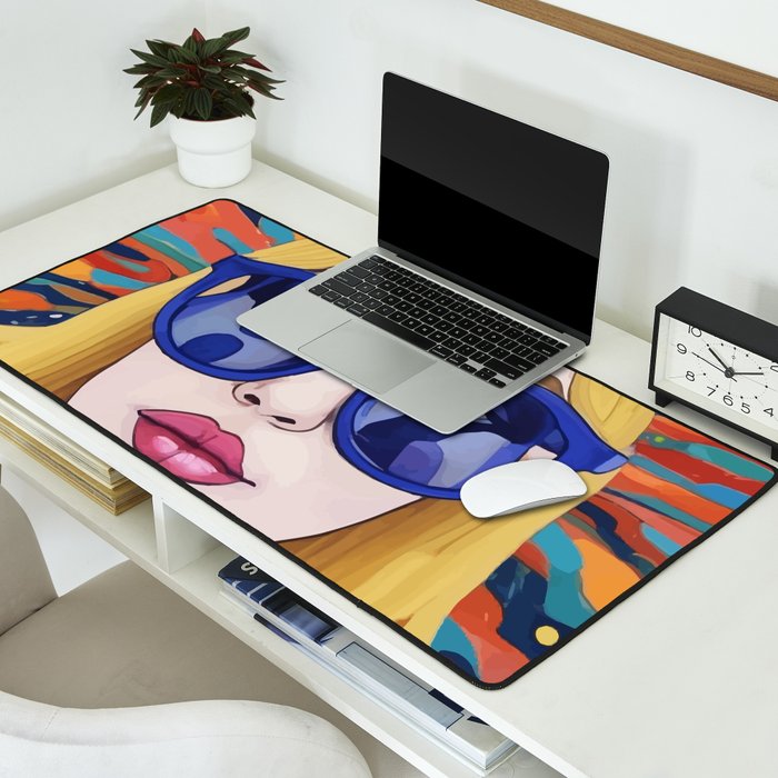 Speed Through, Retro Girl Woman Superpower Magic, Fashion Sunburst Blonde Female, Feminism Colorful Illustration Eclectic Bohemian Maximalism Desk Mat Gallery Image 2