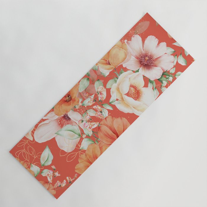 Peach Florals with Painted Speckles on Orange Coral Yoga Mat Gallery Image 1