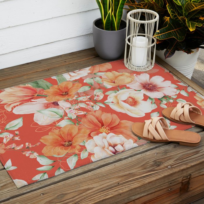 Peach Florals with Painted Speckles on Orange Coral Outdoor Rug Gallery Image 2