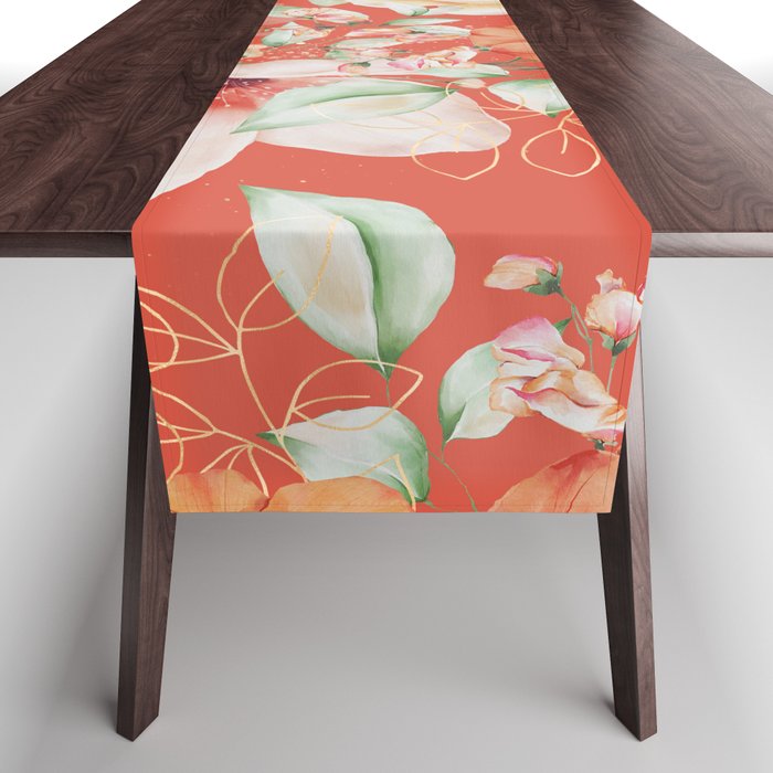 Peach Florals with Painted Speckles on Orange Coral Table Runner Gallery Image 1