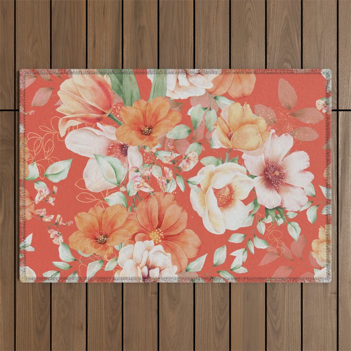 Peach Florals with Painted Speckles on Orange Coral Outdoor Rug Gallery Image 1