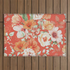 Peach Florals with Painted Speckles on Orange Coral Outdoor Rug Gallery Image 1