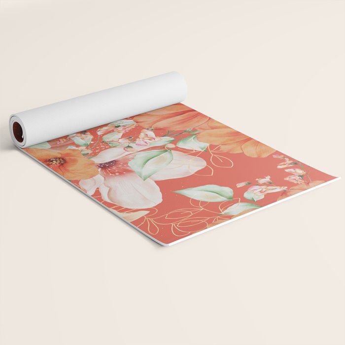 Peach Florals with Painted Speckles on Orange Coral Yoga Mat Gallery Image 2