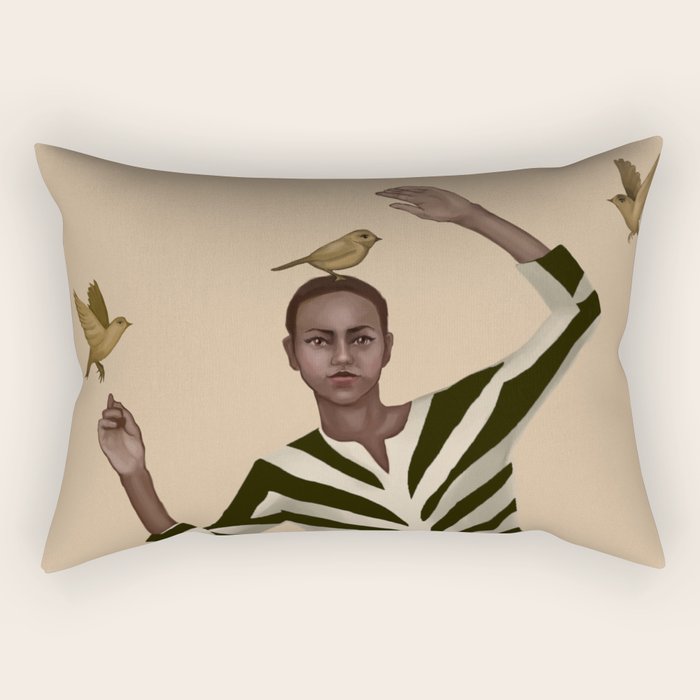 Woman with Birds and Zebra Pattern Dress Rectangular Pillow Gallery Image 2