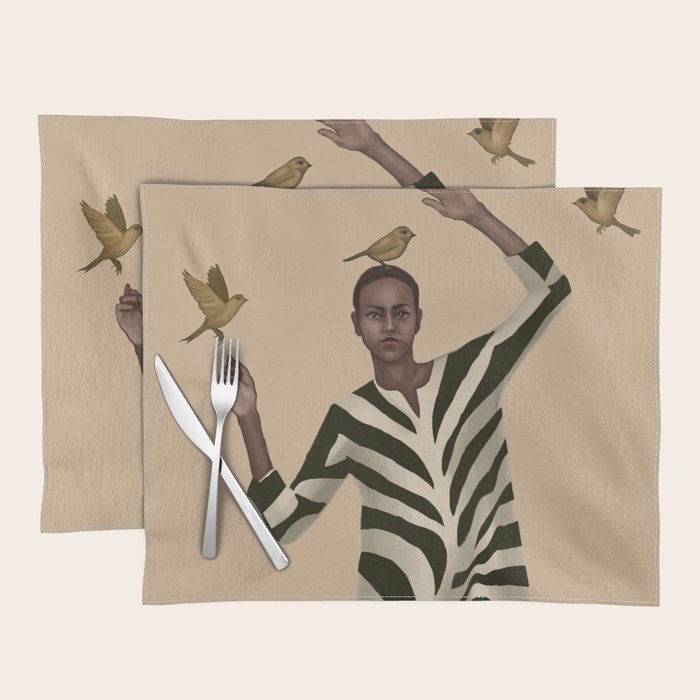 Woman with Birds and Zebra Pattern Dress Placemat Gallery Image 1