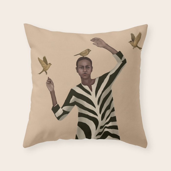 Woman with Birds and Zebra Pattern Dress Throw Pillow Gallery Image 6