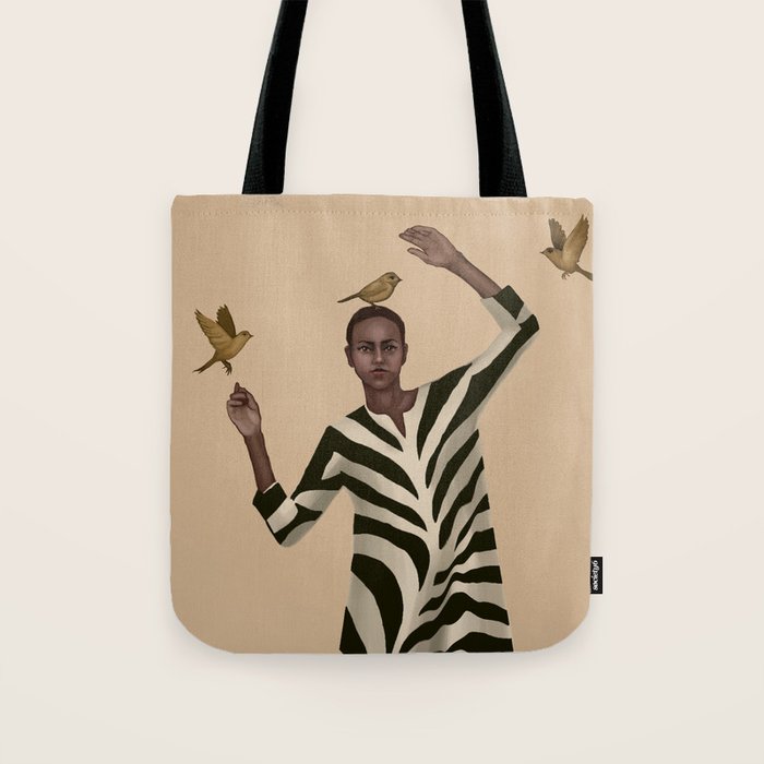 Woman with Birds and Zebra Pattern Dress Tote Bag Gallery Image 1