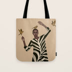 Woman with Birds and Zebra Pattern Dress Tote Bag Gallery Image 1