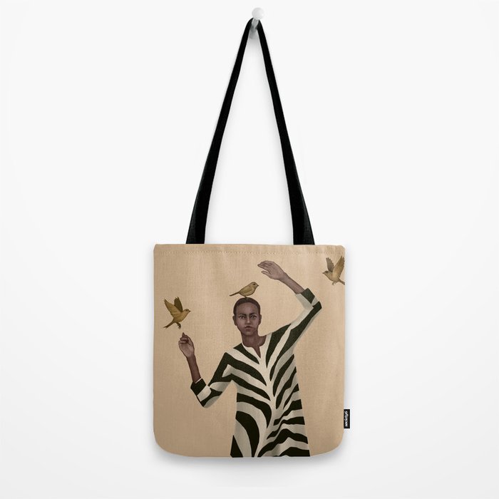 Woman with Birds and Zebra Pattern Dress Tote Bag Gallery Image 2