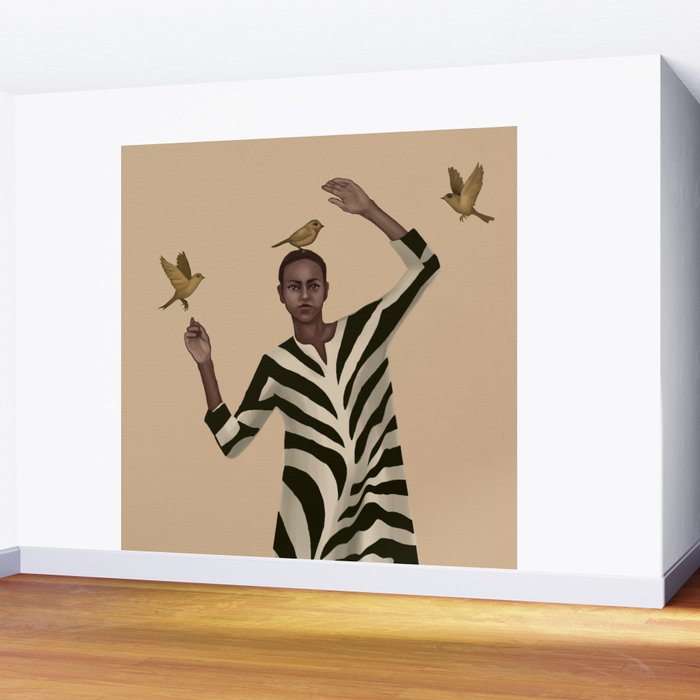 Woman with Birds and Zebra Pattern Dress Wall Mural Gallery Image 2