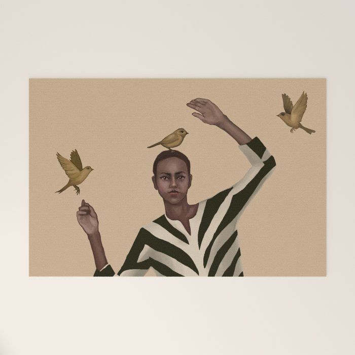 Woman with Birds and Zebra Pattern Dress Welcome Mat Gallery Image 1