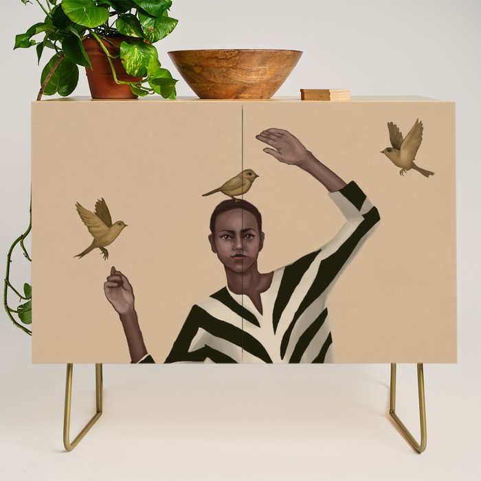 Woman with Birds and Zebra Pattern Dress Credenza Gallery Image 1