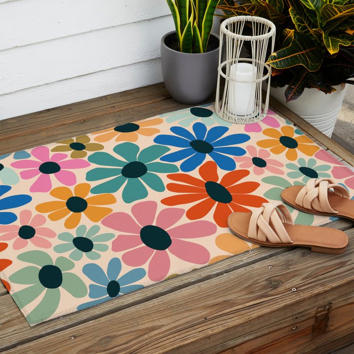 Retro Fun Floral - Rainbow color Outdoor Rug Gallery Image 2