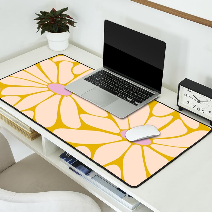 Big Daisy - Groovy Flower - Yellow, Pink and Off-white Desk Mat Gallery Image 2