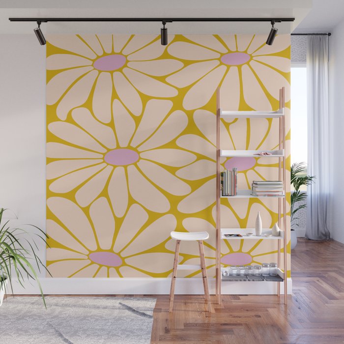 Big Daisy - Groovy Flower - Yellow, Pink and Off-white Wall Mural Gallery Image 1