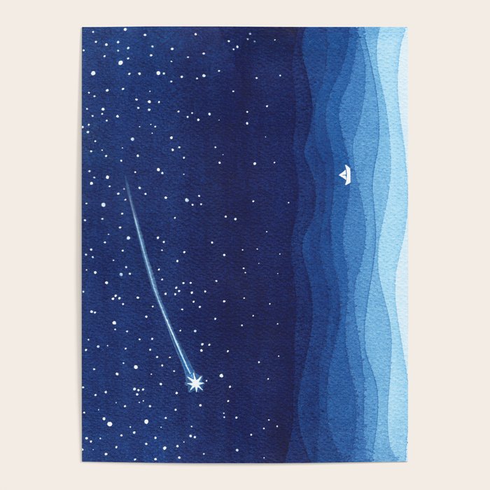 Falling Star, Shooting Star, Sailboat Ocean Waves Blue Sea Poster