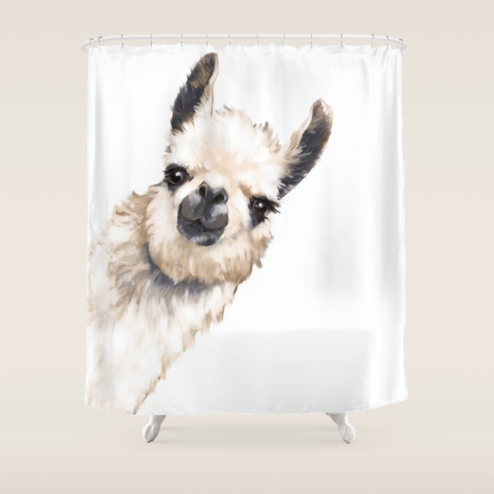 Sneaky Llama White Shower Curtain Gallery Image 1