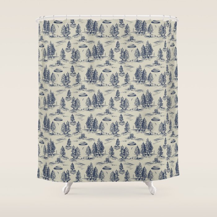 Alien Abduction Toile De Jouy Pattern in Blue Shower Curtain Gallery Image 1