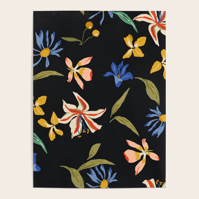 seamless floral pattern with flowers on a dark background Poster Gallery Image 1