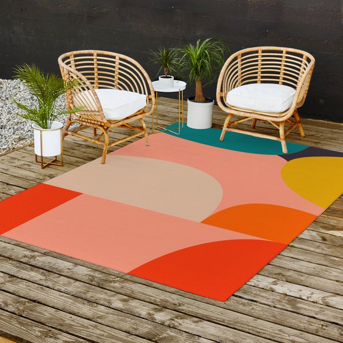 geometry shape mid century organic blush curry teal Outdoor Rug Gallery Image 2