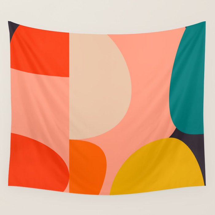 geometry shape mid century organic blush curry teal Wall Tapestry Gallery Image 1