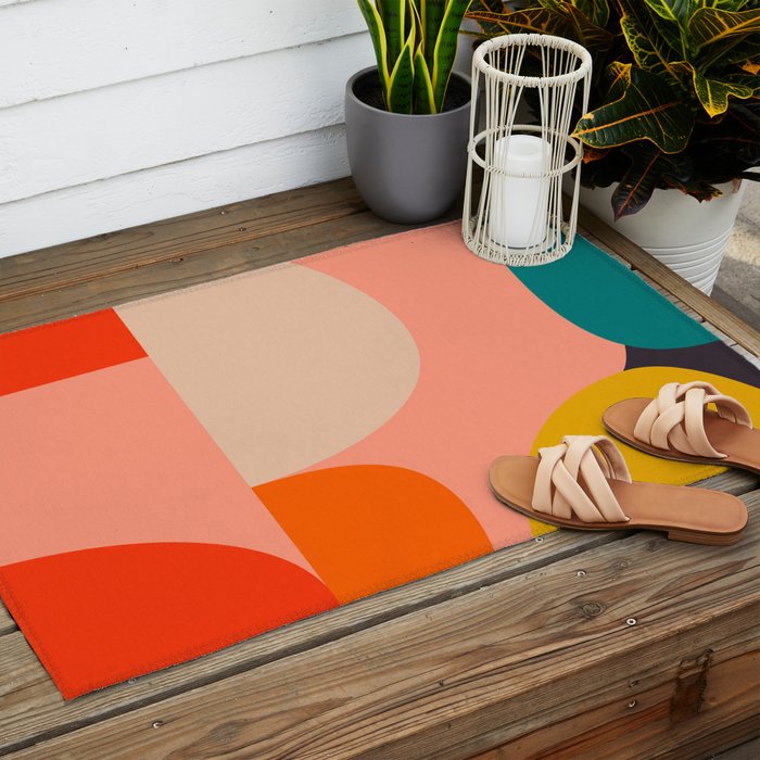 geometry shape mid century organic blush curry teal Outdoor Rug Gallery Image 2