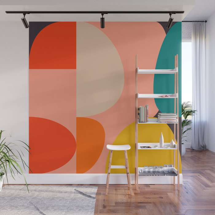 geometry shape mid century organic blush curry teal Wall Mural Gallery Image 1