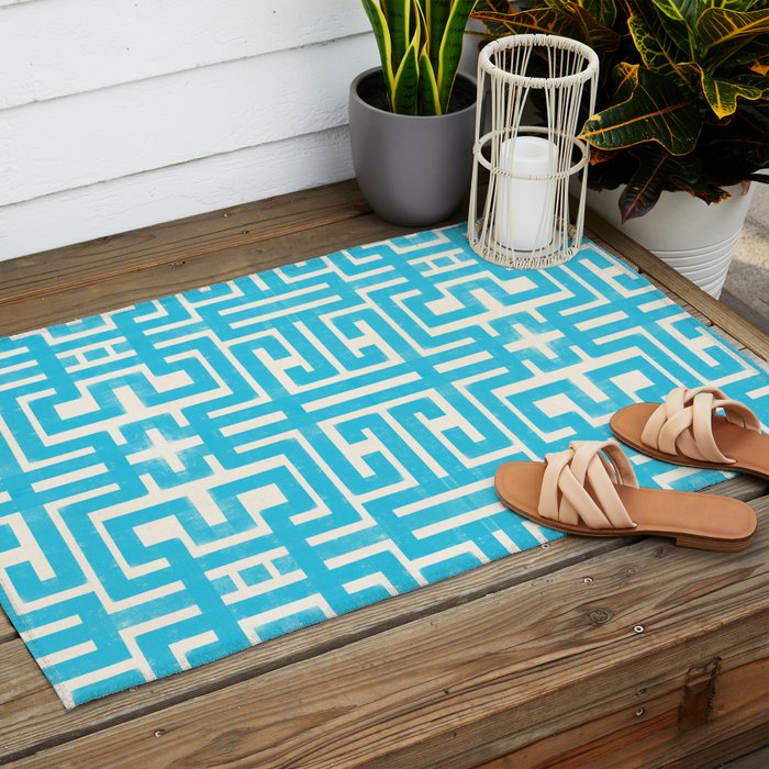 Turquoise Greco Labyrinth - Abstract Geometric Pattern  Outdoor Rug Gallery Image 2