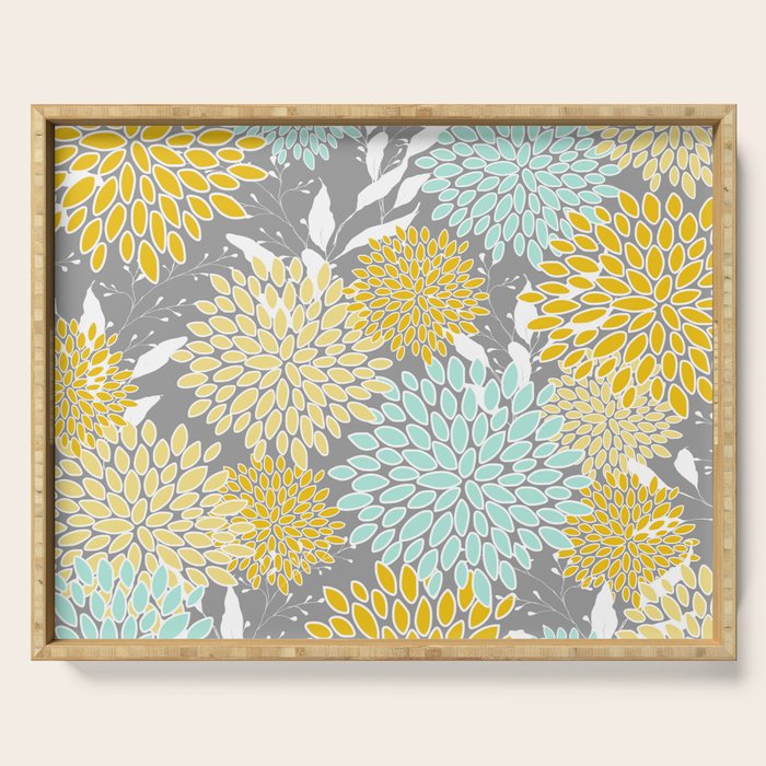 Floral Prints and Leaves, Gray, Yellow and Aqua Serving Tray Gallery Image 1