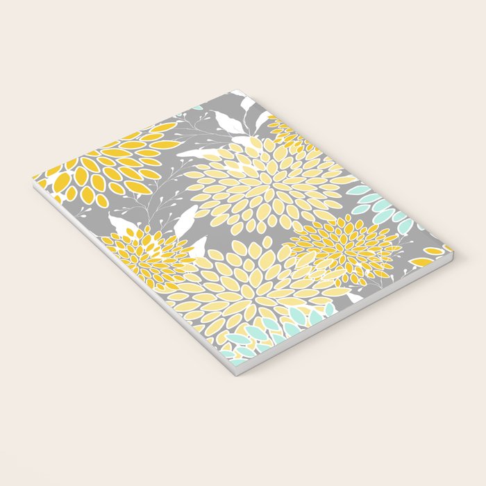 Floral Prints and Leaves, Gray, Yellow and Aqua Notebook Gallery Image 3