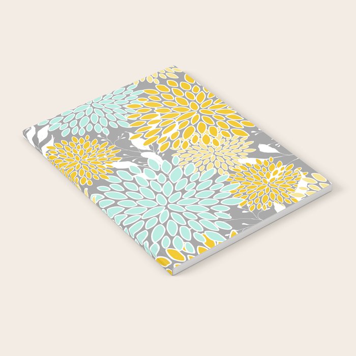 Floral Prints and Leaves, Gray, Yellow and Aqua Notebook Gallery Image 1