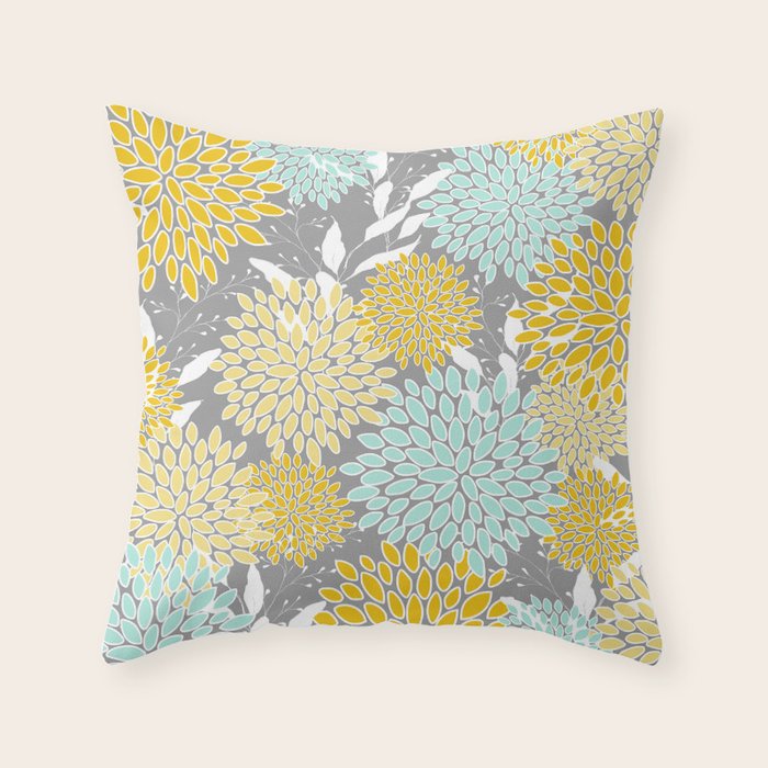 Floral Prints and Leaves, Gray, Yellow and Aqua Throw Pillow Gallery Image 6
