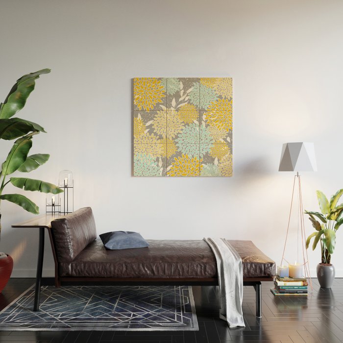 Floral Prints and Leaves, Gray, Yellow and Aqua Wood Wall Art Gallery Image 2