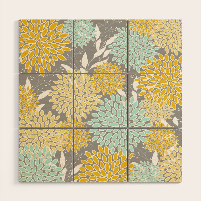 Floral Prints and Leaves, Gray, Yellow and Aqua Wood Wall Art Gallery Image 1